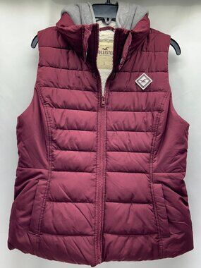 Hollister Maroon Quilted Vest Women's L Sherpa-Lined Hood Full Zip Pockets